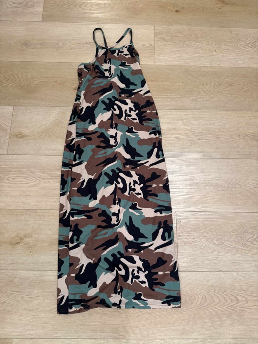 Camo Maxi Slip Dress with Spaghetti Straps - Green/Brown
